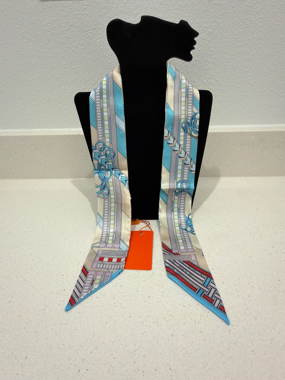 Silk-Feel Geometric Print Neck Scarf in Aqua and Cream